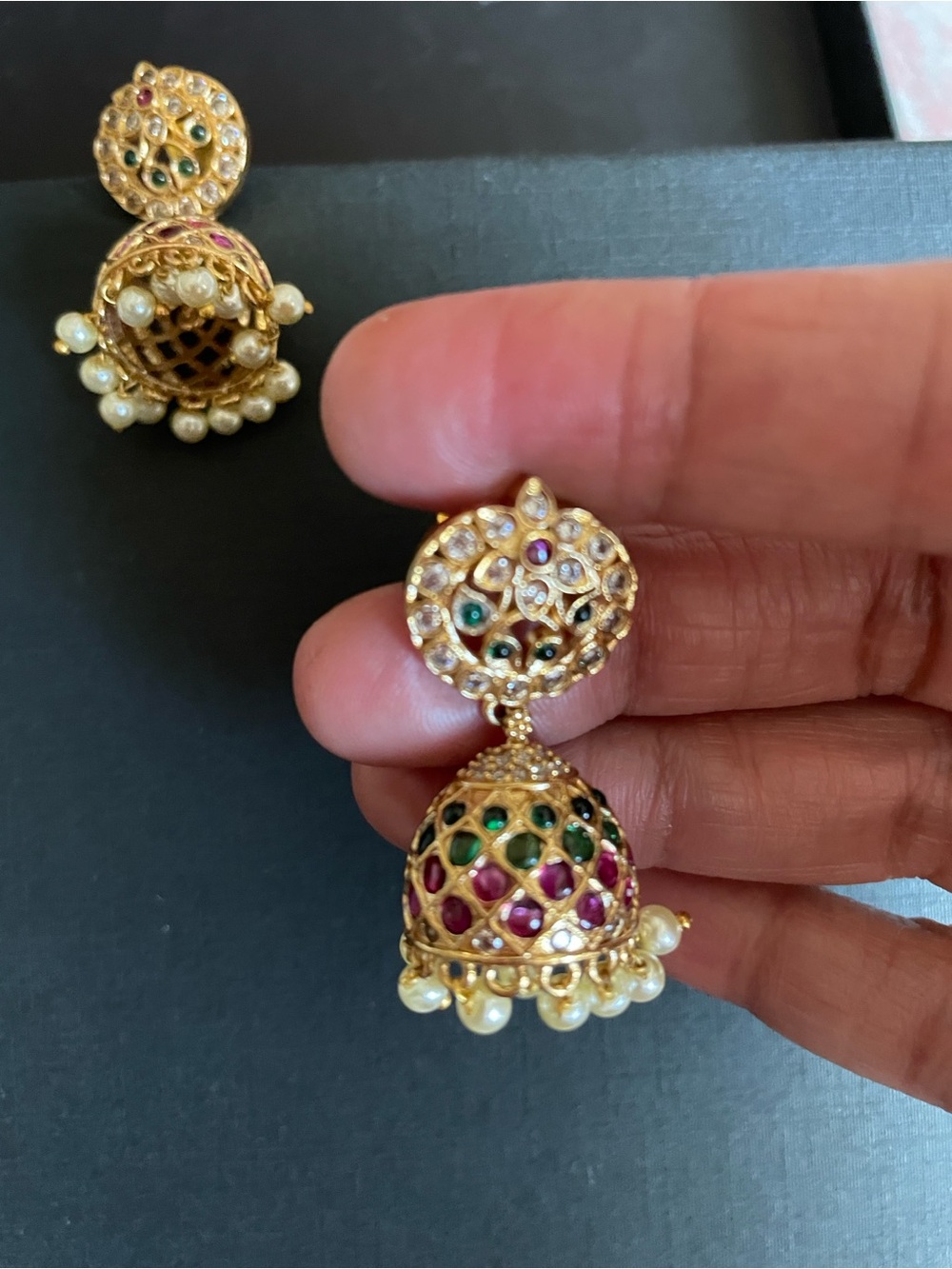 Gold Jhumka Earrings with Green and Pink Stones